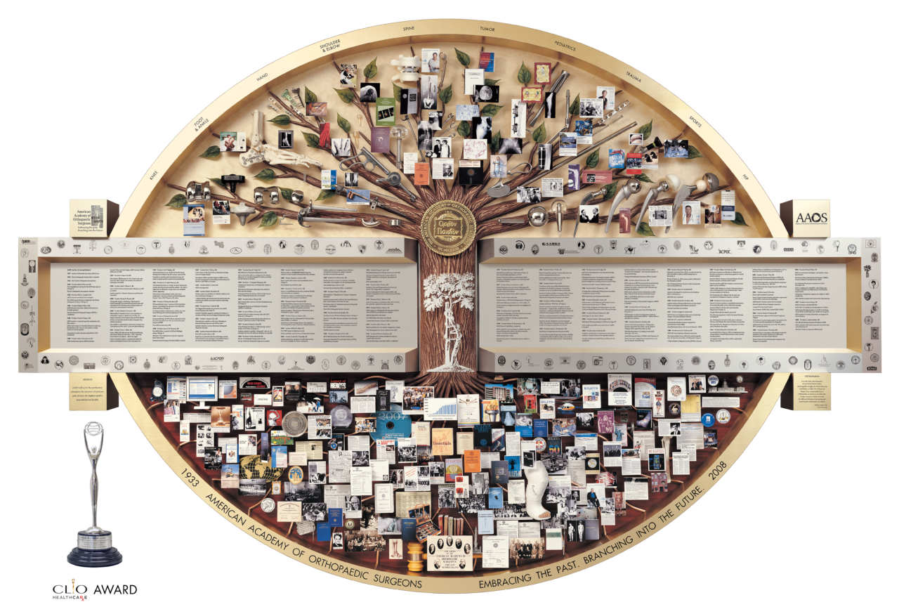 Shadow box collage containing many miniature 3D orthopedic items. Art won CLIO Healthcare Award.