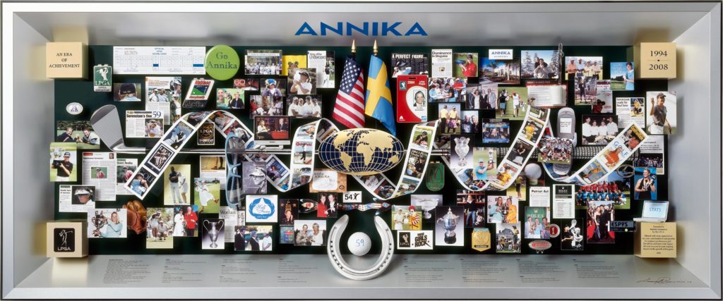 LPGA Retirement Gift presented to Annika Sorenstam. Contains horseshoe, golf ball, golf club, cell phone, sun glasses.