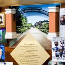 Large collage with over 65 items for the president of Creighton University. Close-up of the 3D replica of the Creighton University entrance and the dedication.