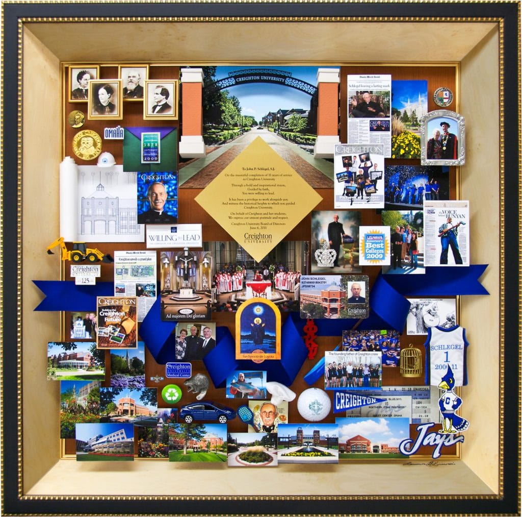 Large personalized collage with over 65 items for the president of Creighton University. Containing items that celebrate accomplishments, favorite memories, and growth under the president’s leadership.