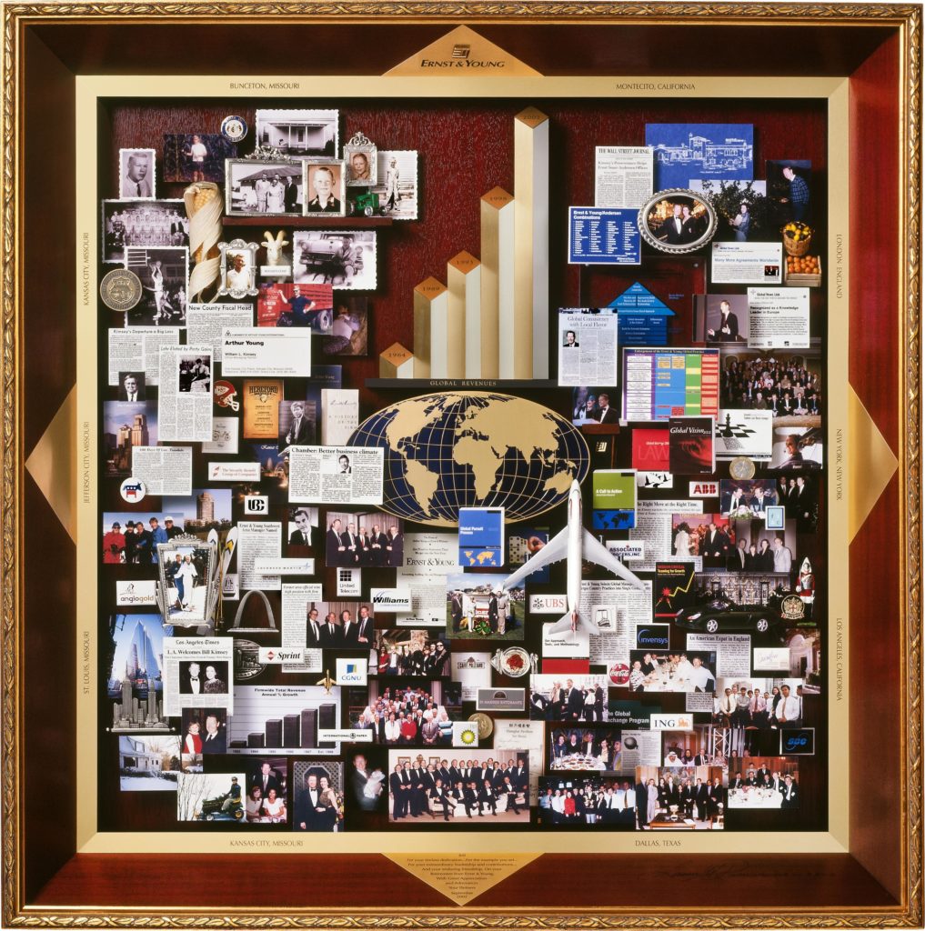 Large collage with over 50 items for the CEO of Ernst and Young. Containing small images and items to celebrate their history and growth under the CEO’s leadership.