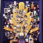 ESPY Awards collage commissioned by ESPN to celebrate 10th anniversary. Autographs of presenters are engraved in brass rays. Gold ribbons and stars add to the glamour of the Espy Awards.