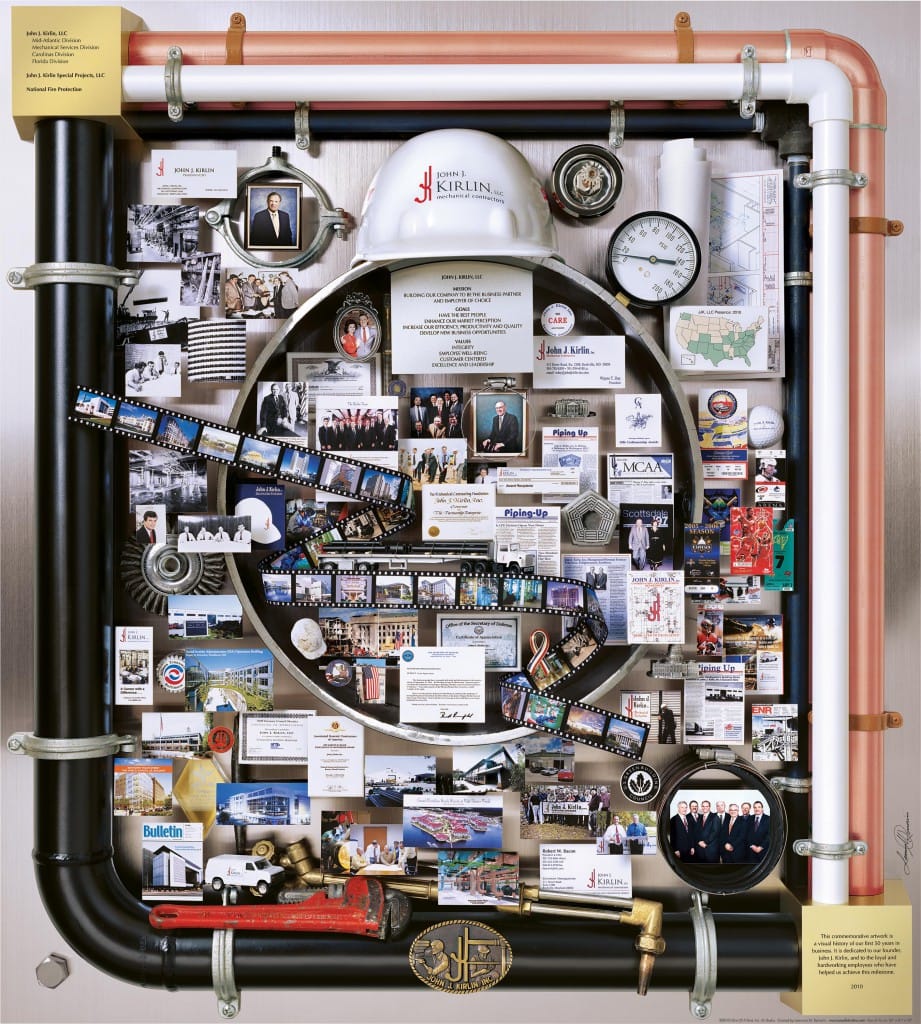 John J. Kirlin, LLC 50th anniversary art. Features pipes, values, belt buckle, actual hard hat, golf ball, blue print, tools of a mechanical contractor.