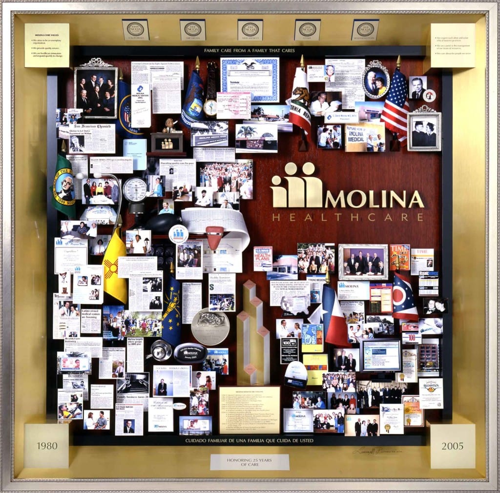 Molina Healthcare 25th Anniversary Lobby Art honoring Founders. Features state flags, awards, medical instruments, stethoscope, 3D growth chart