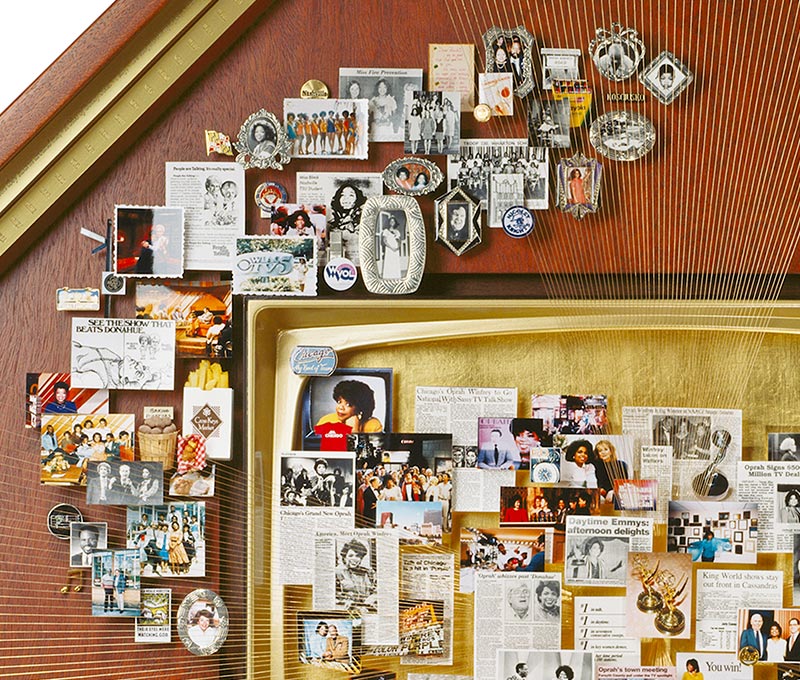 KingWorld Productions presented this artwork to Oprah Winfrey as a Christmas gift. The large collage celebrates her story from childhood to the success of The Oprah Winfrey Show. Close-up showcases miniaturized publications and photos in frames.