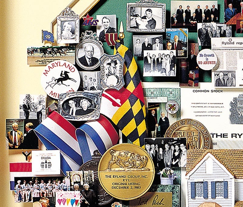 Large collage with over 50 items for the chairman of Ryland Homes. Close-up features The Ryland Group, Inc. RYL stock exchange medallion.
