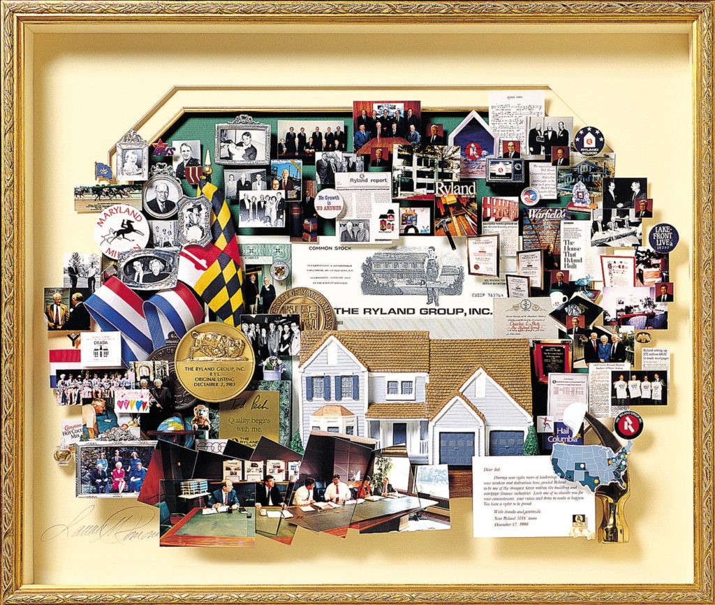 Large mixed-media collage with over 50 items for Ryland Homes. Containing items and images that honor the chairman and celebrate his career, including a miniaturized Ryland Home.