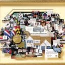 Large mixed-media collage with over 50 items for Ryland Homes. Containing items and images that honor the chairman and celebrate his career, including a miniaturized Ryland Home.