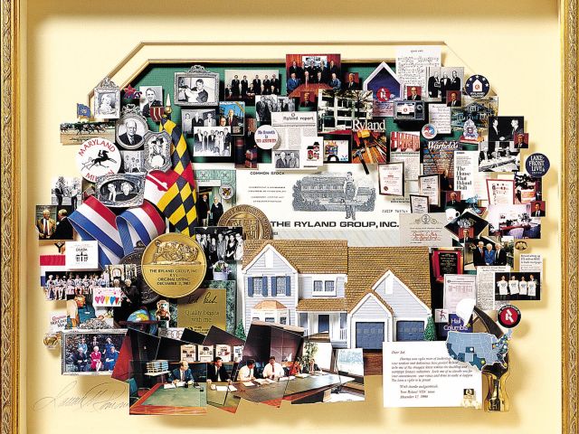 Large mixed-media collage with over 50 items for Ryland Homes. Containing items and images that honor the chairman and celebrate his career, including a miniaturized Ryland Home.