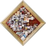75th Anniversary Hospital Lobby Art for St. Bernardine Medical Center. Contains slices of orange and nuts, symbolizing how nuns were paid during the Depression, when the hospital opened. Also contains a rubber duck flexible hammer, rosary and much more.