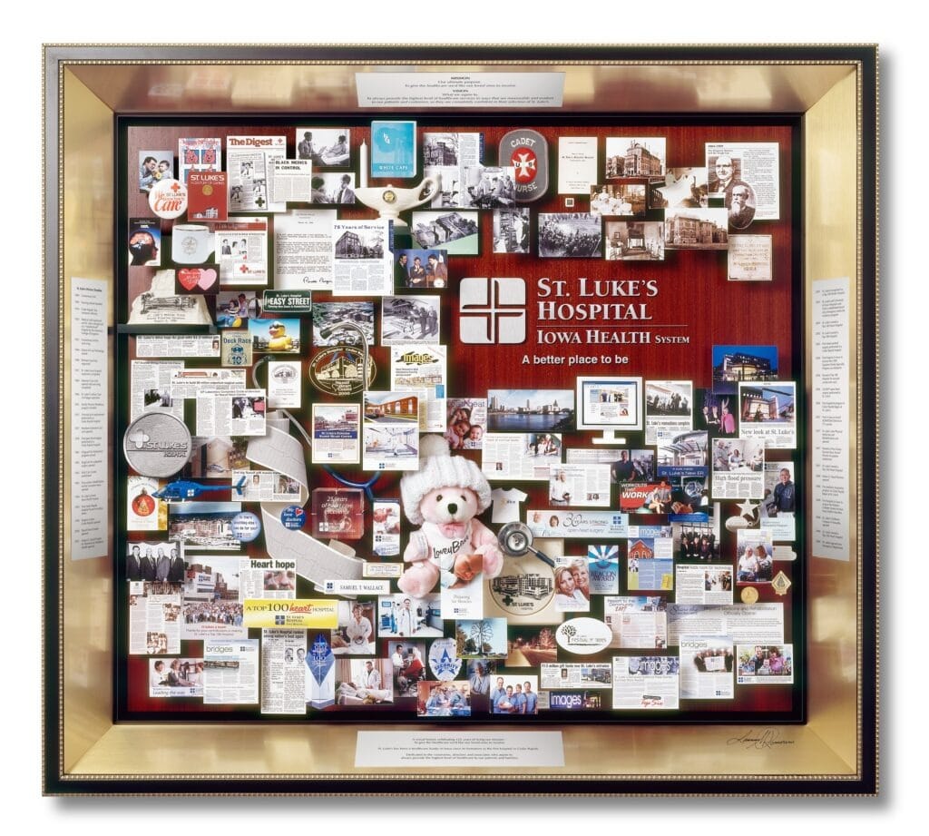 Large collage celebrating hospital anniversary. Includes a stethoscope, mini helicopter, teddy bear, and many photos, publications, and pins.