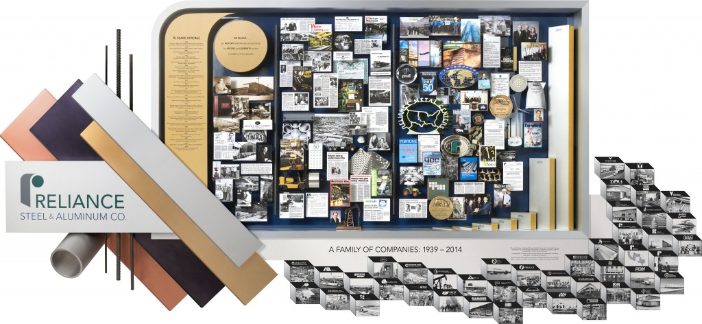 Reliance Steel & Aluminum 75h anniversary lobby art. Reproduced for all locations. Features 3D growth chart, timeline, New York stock exchange medallion