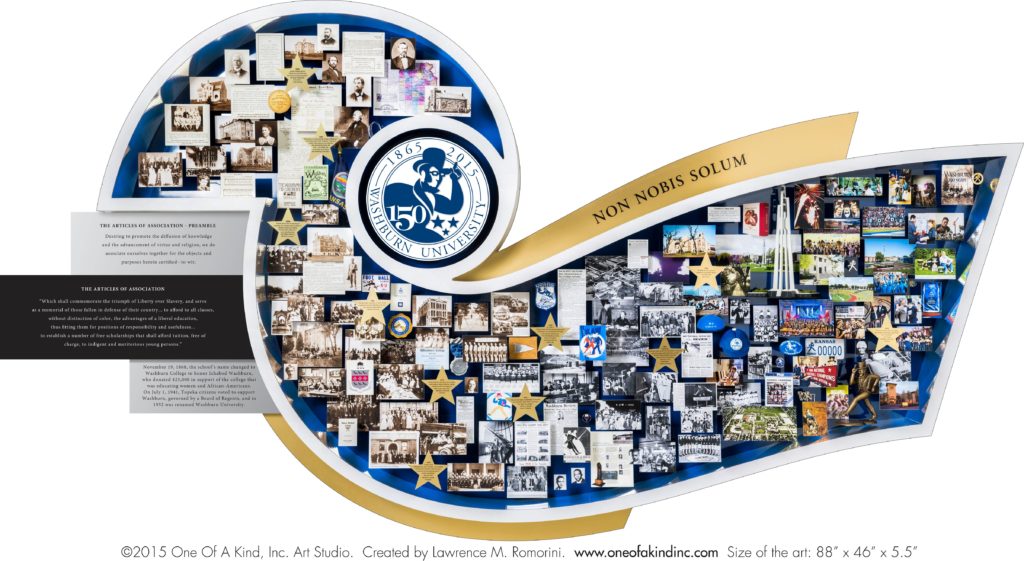 Washburn University 150th Anniversary Art. Features sesquicentennial logo. Founders, Diversity. Campus photos.