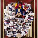 Andrews Federal Credit Union AFCU 50th anniversary tribute. Lobby art reproduced as annual report cover. Contains growth chart, military emblems on coins, military patches.