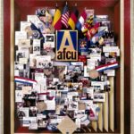 Andrews Federal Credit Union AFCU 50th anniversary tribute. Lobby art reproduced as annual report cover. Contains growth chart, military emblems on coins, military patches.