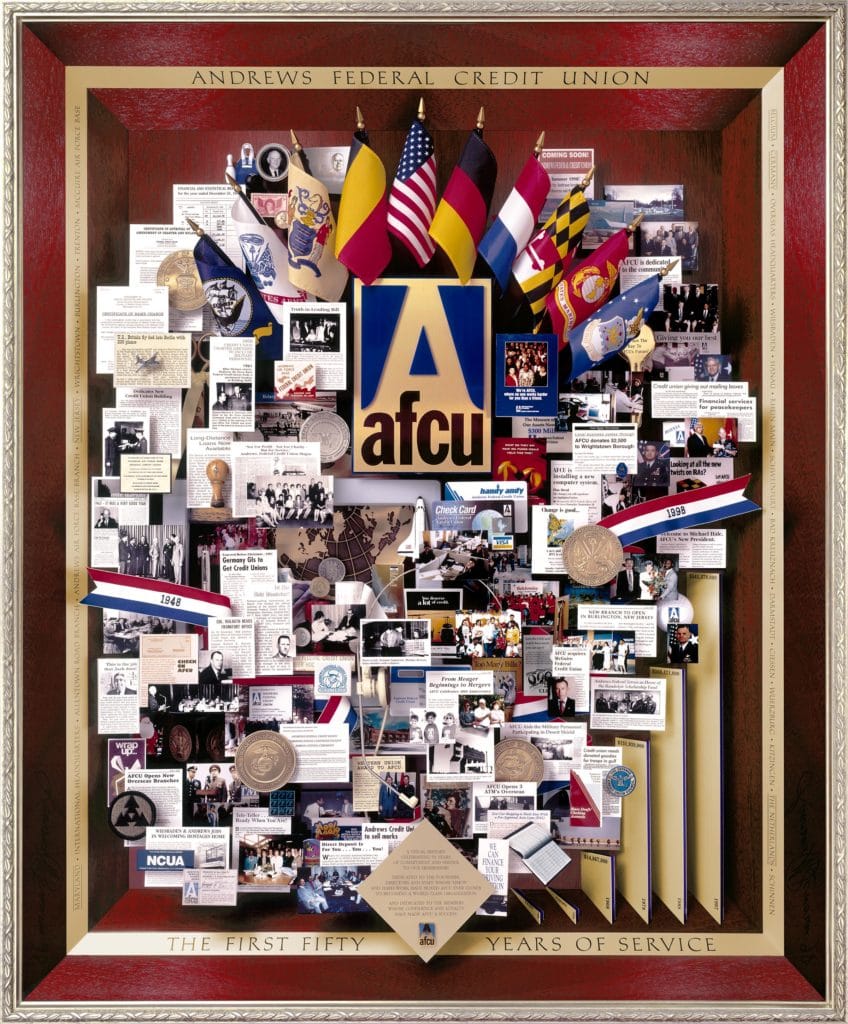 Andrews Federal Credit Union AFCU 50th anniversary tribute. Lobby art reproduced as annual report cover. Contains growth chart, military emblems on coins, military patches.