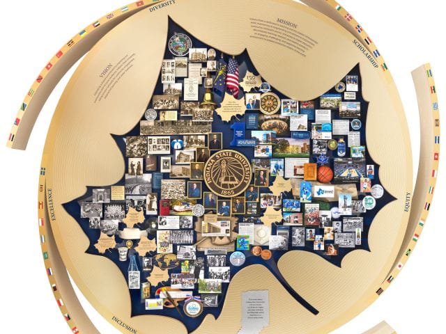 Indiana State University 150th Anniversity Visitors Center Lobby Art. Includes Leaders, sycamore leaf logo, artist's pallet, medallions