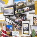 Close-up of 3D miniature objects in commemorative collage including film strip