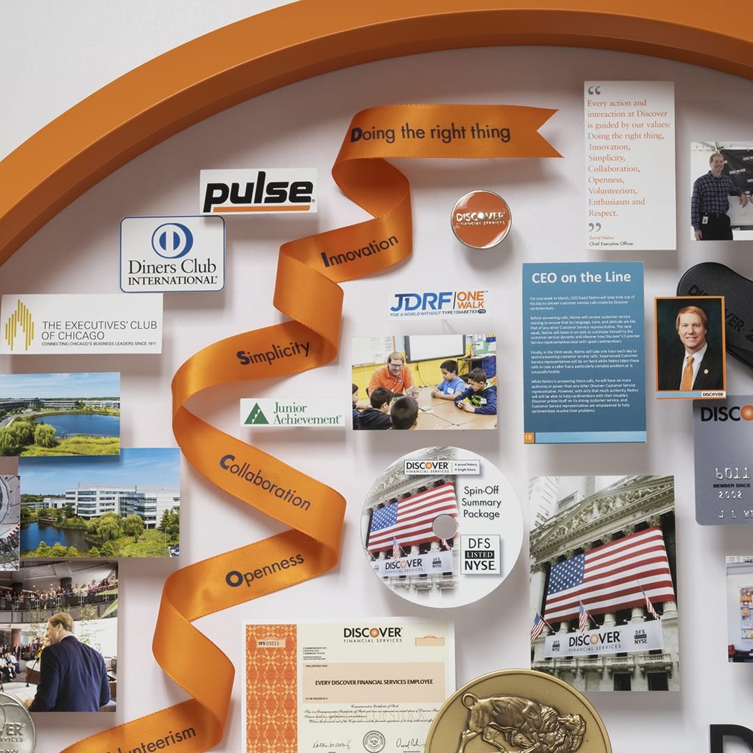 Large collage personalized with over 60 items for the CEO of Discover. Close-up showcases an orange ribbon, printed with the Discover values.