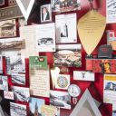 Close-up of 3D miniature objects in commemorative collage