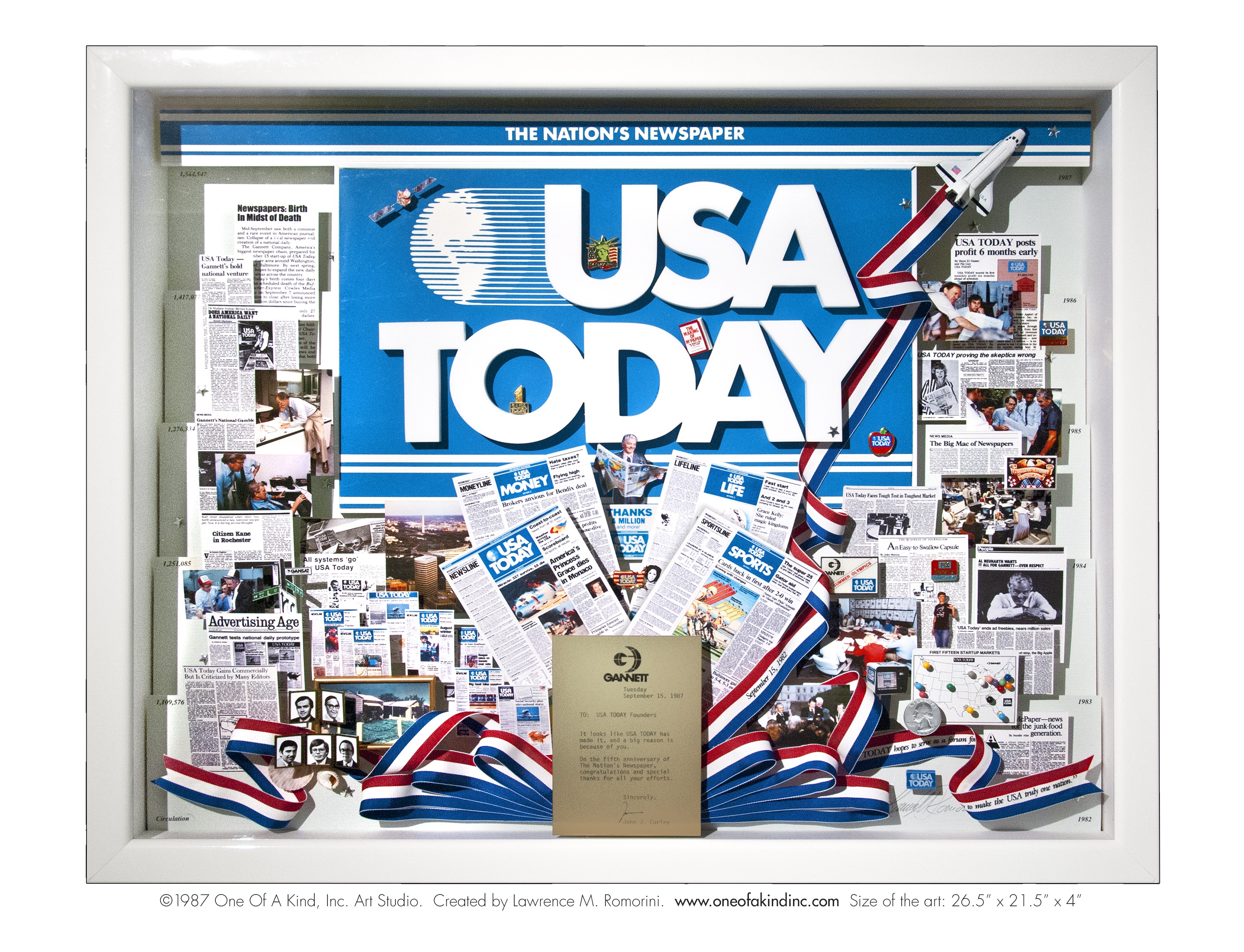 USA Today Art 5th anniversary commemorative art. Presented as a Founders gift. Includes first edition of USA Today, a quarter, space shuttle.