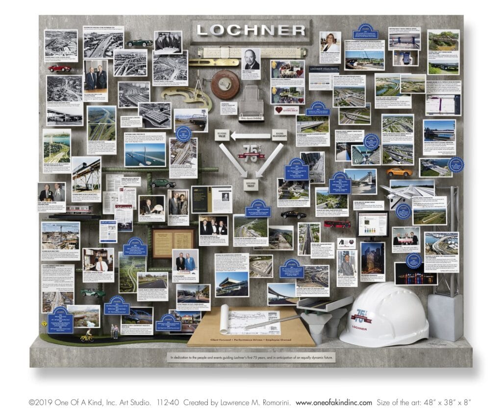 Construction Company Lochner 75th Anniversary lobby art. With actual hard hat, architectural instruments, miniature drawing board, slide rule
