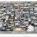 Construction Company Lochner 75th Anniversary lobby art. With actual hard hat, architectural instruments, miniature drawing board, slide rule