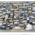 Construction Company Lochner 75th Anniversary lobby art. With actual hard hat, architectural instruments, miniature drawing board, slide rule