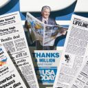 Close-up of miniaturized newspaper pages in commemorative collage