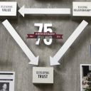 Close-up of 75th anniversary logo and values in commemorative collage