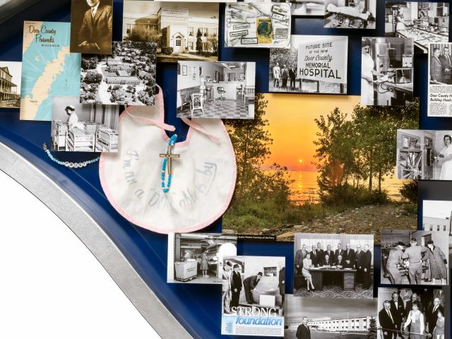 Close-up of 3D miniature objects in commemorative collage
