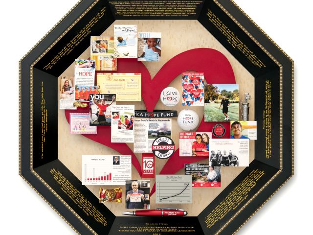 HCA Hope Fund Founder and CEO Retirement Gift. Contains golf ball, candy, heart, graph. The octagon frame has quotes of appreciation from recipients of the HCA Hope Fund.