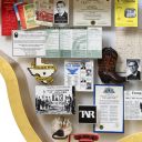 Close-up of 3D miniature objects in commemorative collage