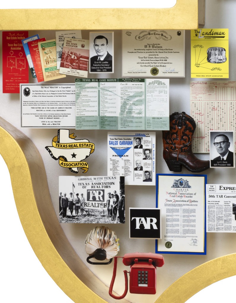 Close-up of 3D miniature objects in commemorative collage