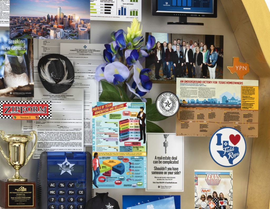 Close-up of 3D miniature objects in commemorative collage