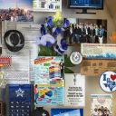 Close-up of 3D miniature objects in commemorative collage