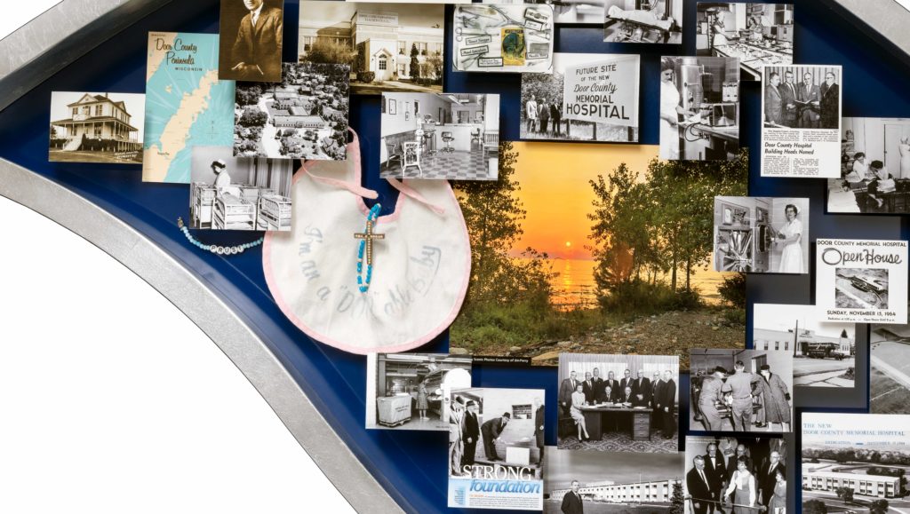 Close-up of 3D miniature objects in commemorative collage