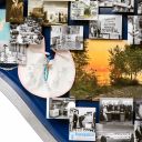 Close-up of 3D miniature objects in commemorative collage