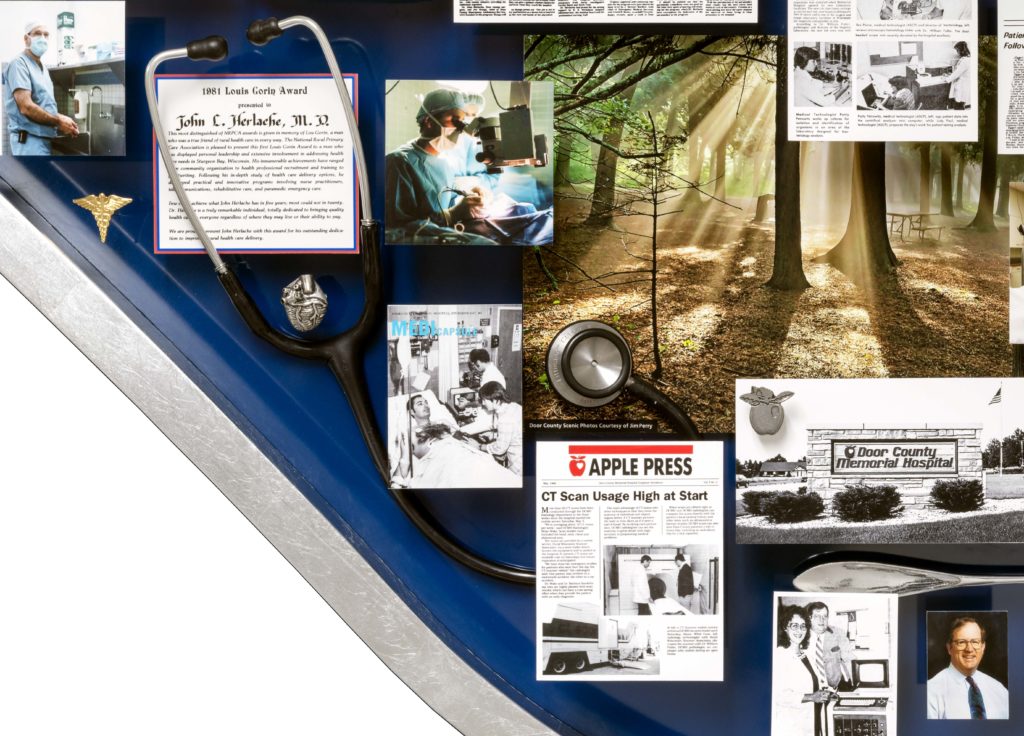 Close-up of 3D miniature objects in commemorative collage including stethoscope