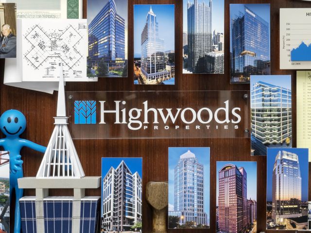 Close-up of Highwoods Properties logo in center of collage