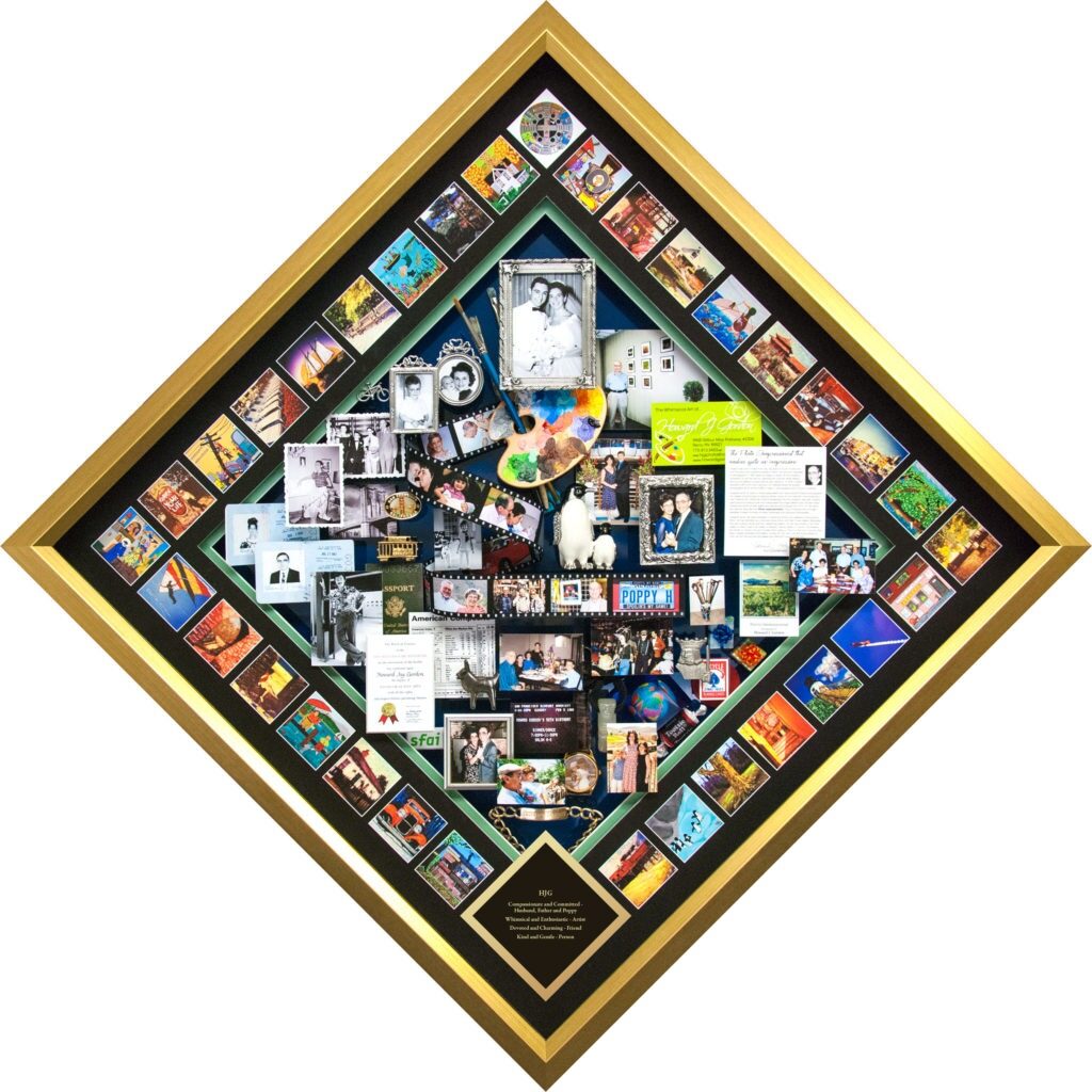 This One Of A Kind 3-dimensional collage was created for a loving daughter Mindi to commemorate her father’s story—as an artist, photographer, husband, father, grandfather. 