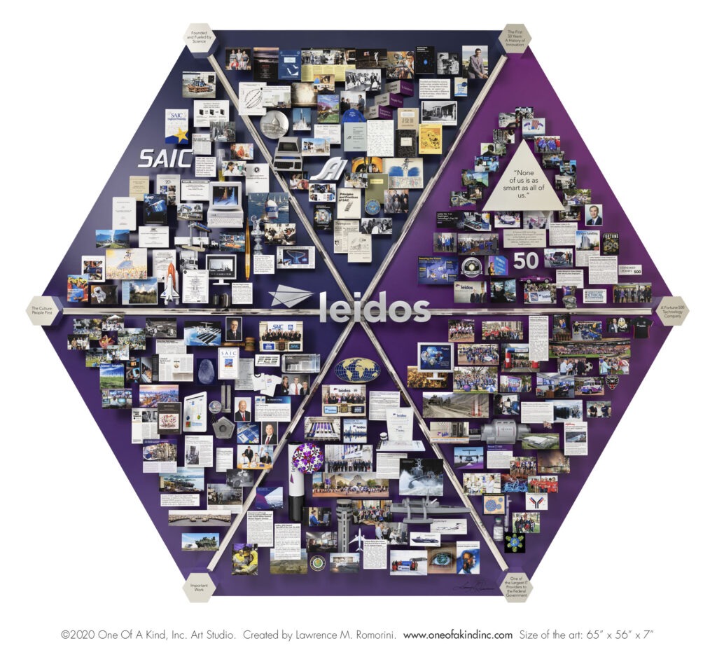 Leidos 50th Anniversary 3-dimensional commemorative art. History of Leidos for display in new headquarters. Features miniature airport control tower, computer screen.