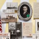 Close-up of 3D miniature objects in commemorative collage