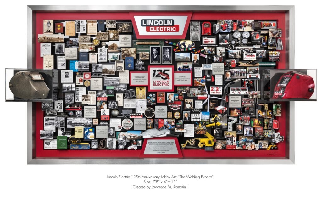 Lincoln Electric 125th anniversary lobby art. Welding helmets, old and new, are featured. Founders photos are framed. Art includes miniatures of equipment, a windmill, welding components, tools of the industry.