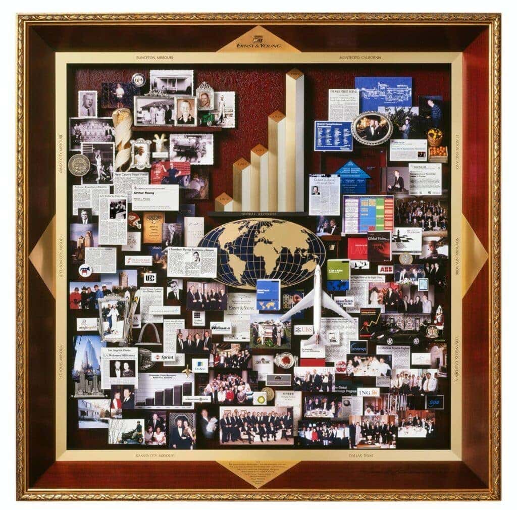 CEO retirement collage with over 100 items for Ernst and Young. Containing 3D growth chart, miniature goat, airplane, globe, blue print, dedication plaque, St. Louis Arch.