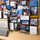 Close-up of 3D miniature objects in commemorative collage