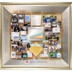 Large 3-dimensional collage personalized and custom-made for the founding CEO of a retirement company. 3D graph on plexiglass shows growth over 20 years.