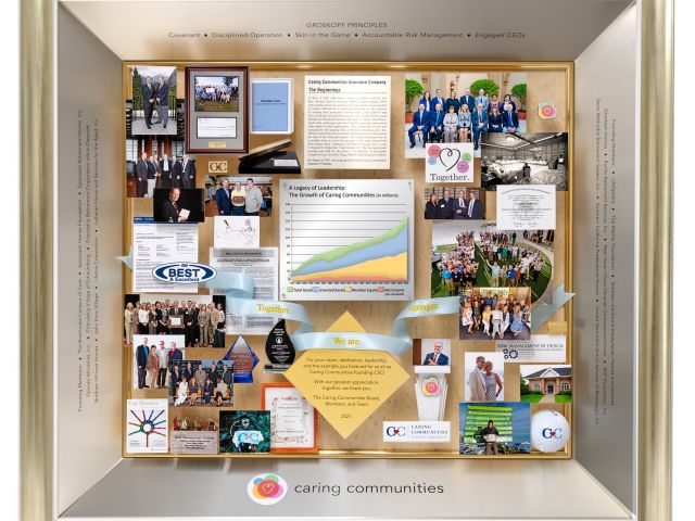 Large 3-dimensional collage personalized and custom-made for the founding CEO of a retirement company. 3D graph on plexiglass shows growth over 20 years.