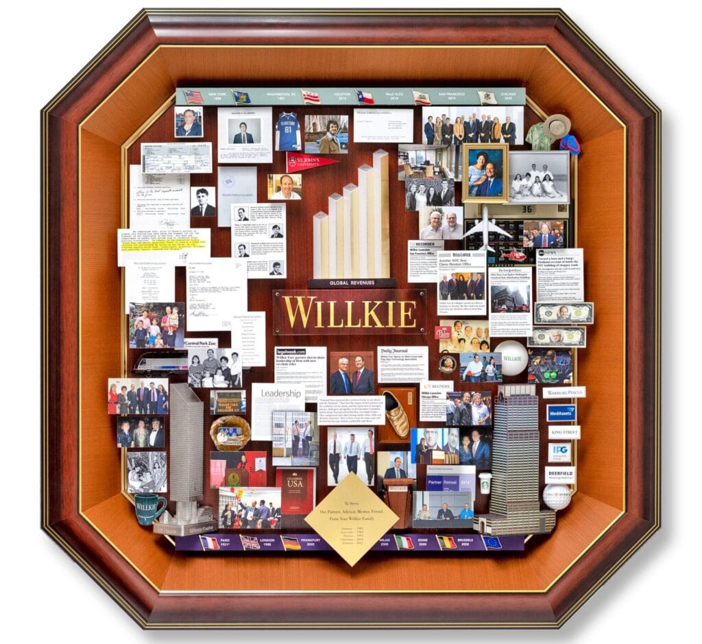 CEO retirement collage with over 100 items for Willkie Farr and Gallagher. Containing 3D growth chart and miniaturized 3D buildings of office locations. 