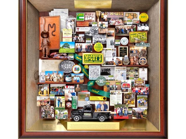 Shadow box collage for McCoy's Building Supply CEO retirement with barn wood slanted inner sides